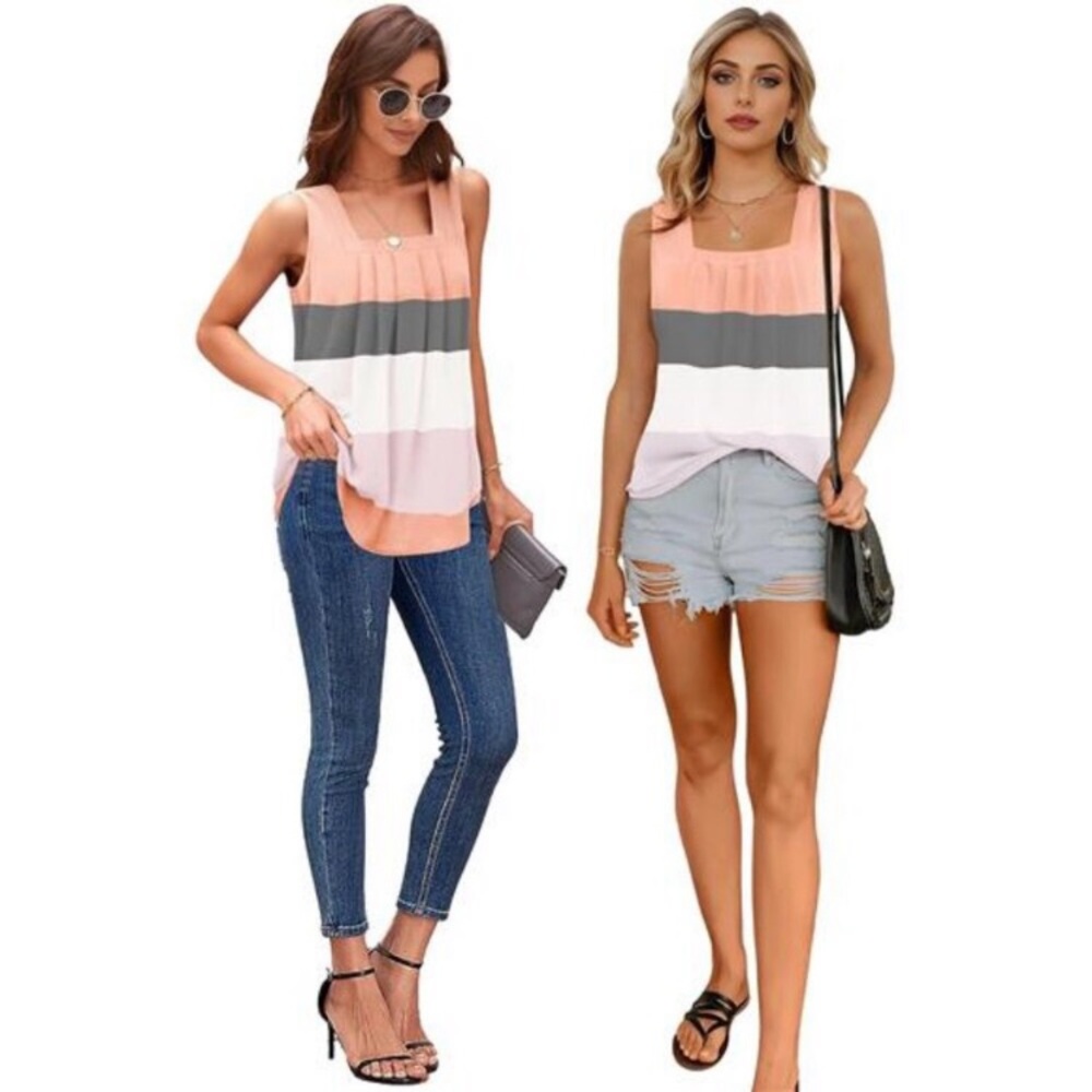 Summer Tank Tops for Women Loose Fit Pleated Square Neck Sleeveless Tops Flowy - Picture 8 of 9